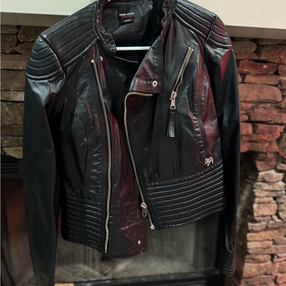 Miss Sixty Diamond Y2K Black Leather Moto Jacket Quilted Biker Sz L
